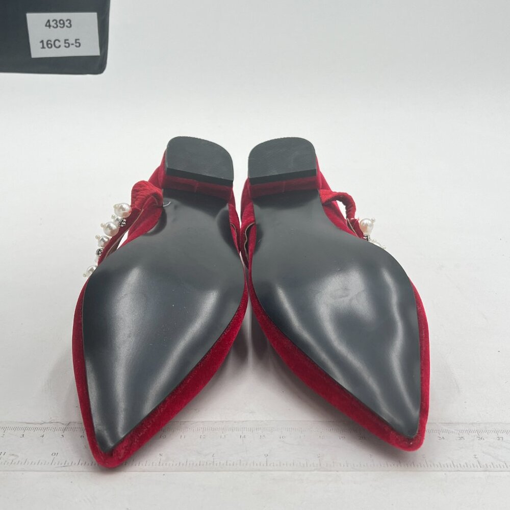 XYD Burgundy Pointed Toe Velvet Pearl Strap Beaded Mary Janes Dress Shoes - Picture 7 of 8